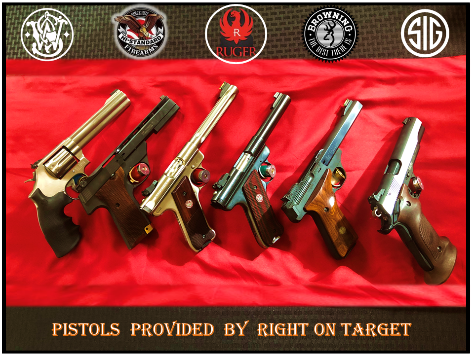 A group of pistols that are on top of a red cloth.